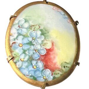 Vintage Hand Painted Porcelain Floral Brooch Pin Gold Tone Oval Flowers Estate